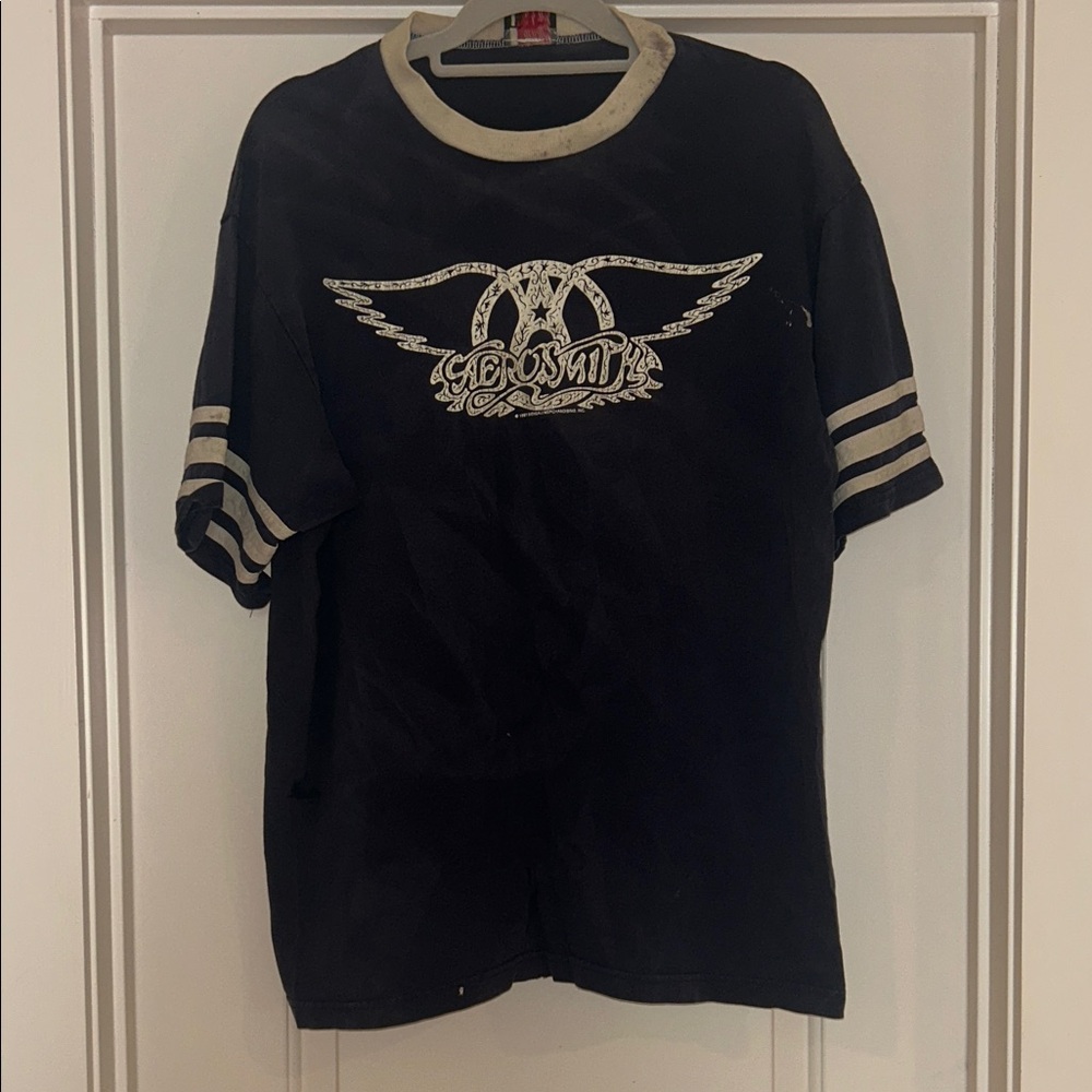 Aerosmith Vintage Band Tee Short Sleeve Graphic Navy Blue Stripes Cream Trim 90s